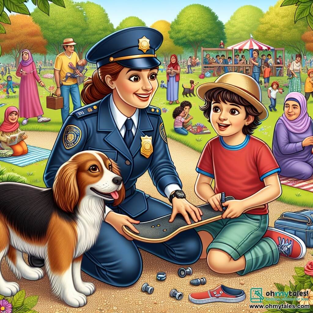 An illustration depicting a lively park in the afternoon, with lush trees and colorful flowers lining a gravel path. In the center, a woman in a navy police uniform, with auburn hair tied under a hat, crouches beside a young boy with brown hair, about 11 years old, wearing a red t-shirt and shorts. The woman, smiling and attentive, shows the boy how to fix a skateboard with a broken wheel, while the boy, eyes sparkling with excitement, holds the board in his hands. In the background, families are enjoying themselves on picnic blankets, and a clown is preparing a show, adding a cheerful and friendly atmosphere to the scene. Max, the loyal police dog, sits beside the woman, watching the situation with curiosity.
