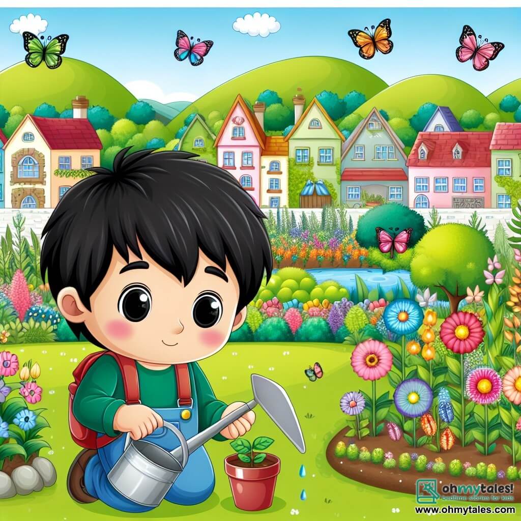 Une illustration destinée aux enfants représentant un petit garçon aux yeux pétillants prenant soin d'un jardin magique, accompagné de papillons multicolores, dans une petite ville entourée de collines verdoyantes et de prairies luxuriantes.