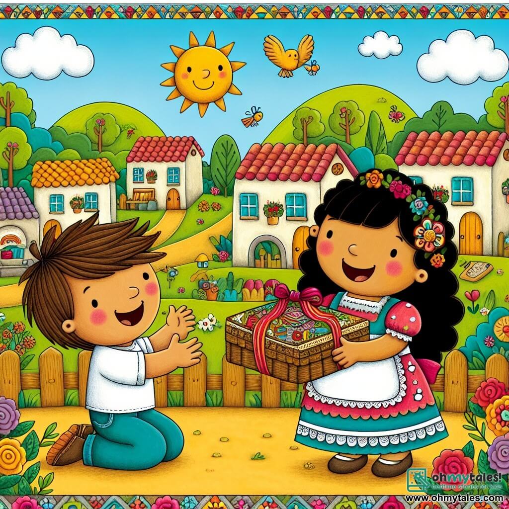 Une illustration destinée aux enfants représentant une fillette souriante préparant une fête surprise pour son père, avec l'aide de son meilleur ami, un garçon aux cheveux ébouriffés, dans une petite ville pittoresque aux maisons colorées et aux jardins fleuris, où le soleil brille et les oiseaux chantent.