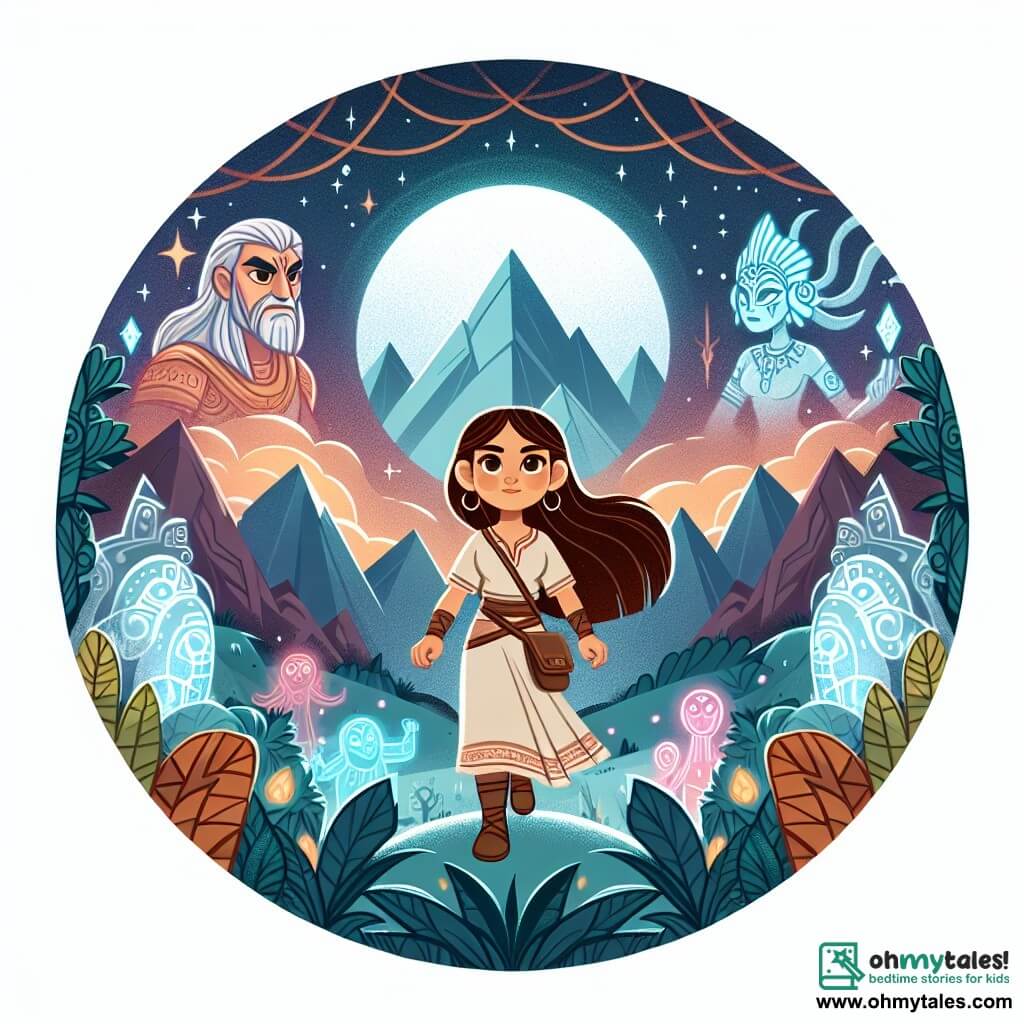 Une illustration destinée aux enfants représentant une jeune femme intrépide, cheveux flottant dans le vent, se tenant sur une planète mystérieuse avec des montagnes majestueuses, une végétation luxuriante et des créatures lumineuses, accompagnée par des gardiens ancestraux aux pouvoirs surnaturels.