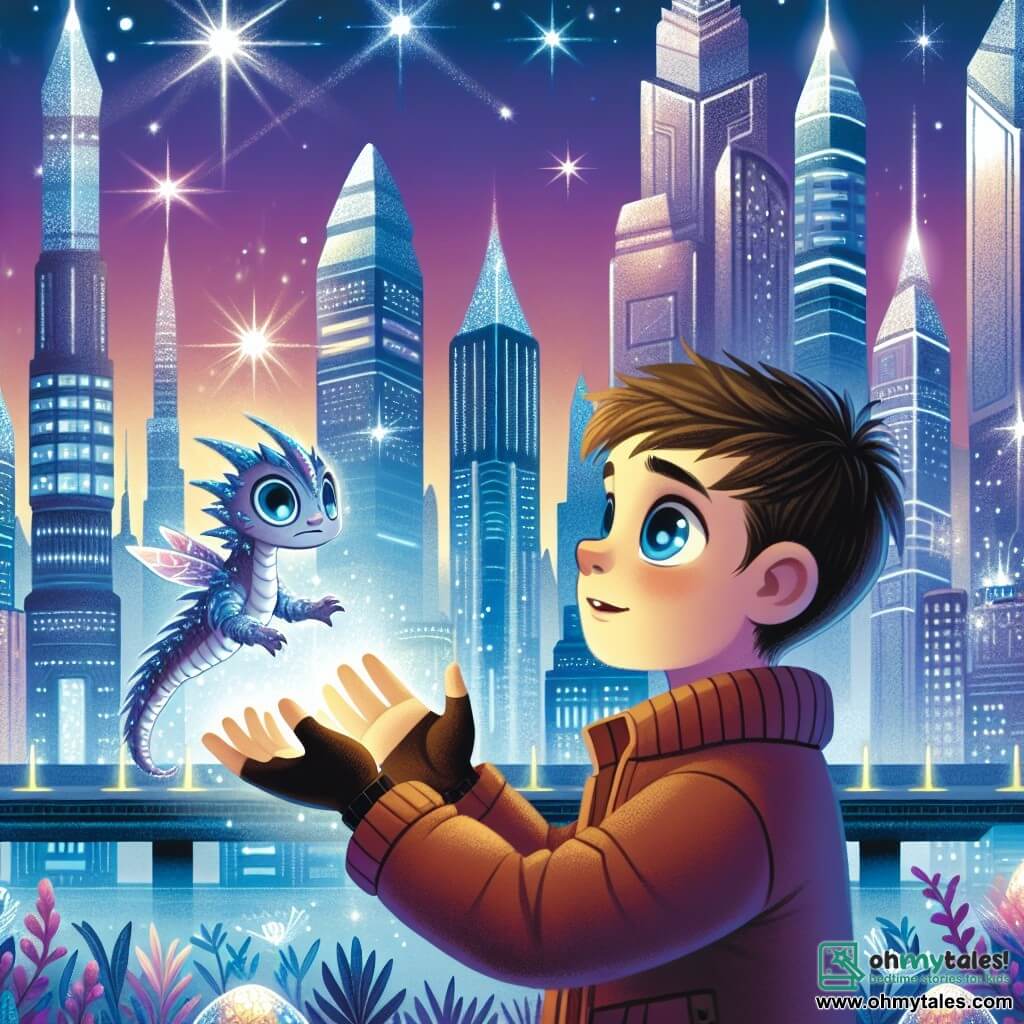 Une illustration destinée aux enfants représentant un garçon aux yeux bleus étincelants, découvrant une petite créature aux écailles chatoyantes, dans la ville futuriste de Nova City, où les gratte-ciel brillent comme des joyaux et les hologrammes dansent dans le ciel violet et argenté.