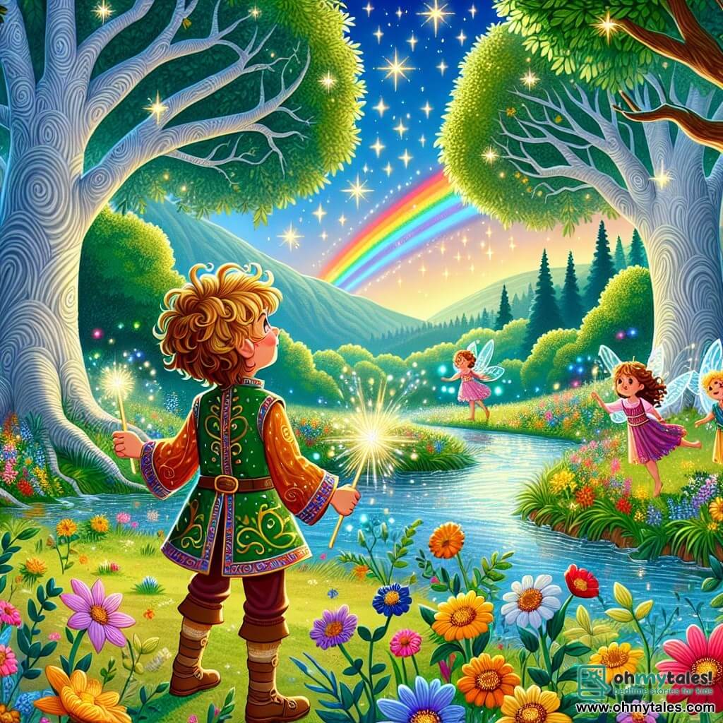 An illustration depicts an enchanted clearing in the heart of the Whispering Woods, where majestic trees with silver trunks rise towards the sky, their leaves shimmering like stars. Colorful flowers dance in the gentle breeze, while a crystal-clear stream winds through the landscape, reflecting the vibrant colors of the sky. 

At the center of this scene stands an eight-year-old boy, an apprentice wizard, with an amazed smile. He has curly, tousled golden-brown hair and wears a colorful tunic adorned with magical patterns. In his hands, he holds a sparkling wand, gazing up at a brilliant rainbow above him, symbolizing his budding magic. 

Beside him, a group of small fairies with translucent, shimmering wings flit joyfully. They appear to be around five or six years old, with hair in all the colors of the rainbow, wearing dresses made of flower petals. They laugh and sing, adding a touch of magic to the atmosphere. 

The main scene shows the young boy singing, focused on awakening the flowers around him, which begin to slowly open, releasing bursts of light. Sparkles of magical dust float in the air, creating a fairy-tale ambiance. In the background, enchanted creatures, such as curious animals and colorful birds, watch the scene in wonder, enhancing the magic of this unique moment.
