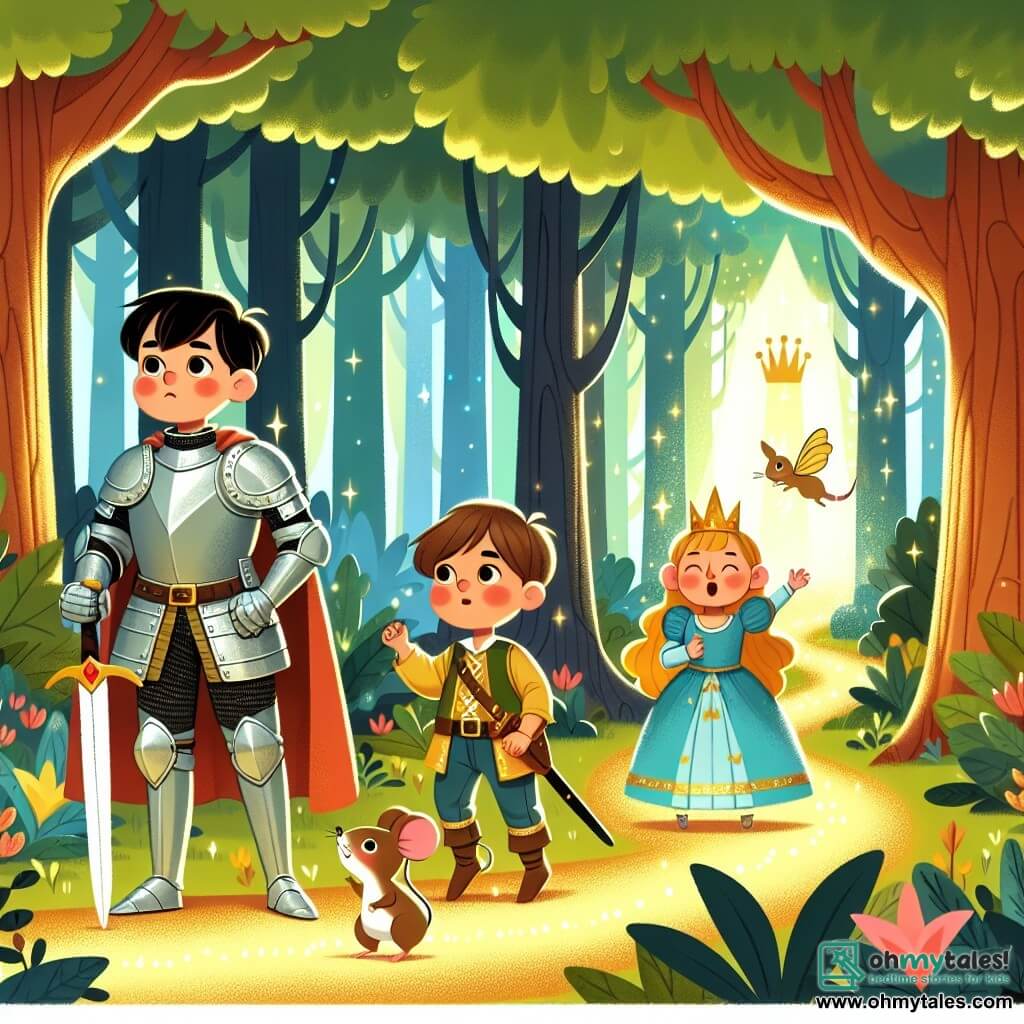 Une illustration sous forme de dessin destinée aux enfants représentant une forêt enchantée aux arbres majestueux et aux feuilles scintillantes, avec un chevalier courageux en armure brillante, un garçon aux cheveux bruns et à la posture fière, tenant une épée et observant attentivement un chemin lumineux, tandis qu'à ses côtés se tient une princesse aux cheveux dorés, vêtue d'une robe colorée, chantant joyeusement, et un petit souris rusé, un garçon aux yeux malicieux, grimpant sur l'épaule du chevalier, alors qu'ils se préparent à résoudre une énigme pour trouver une couronne magique cachée au cœur de la forêt.