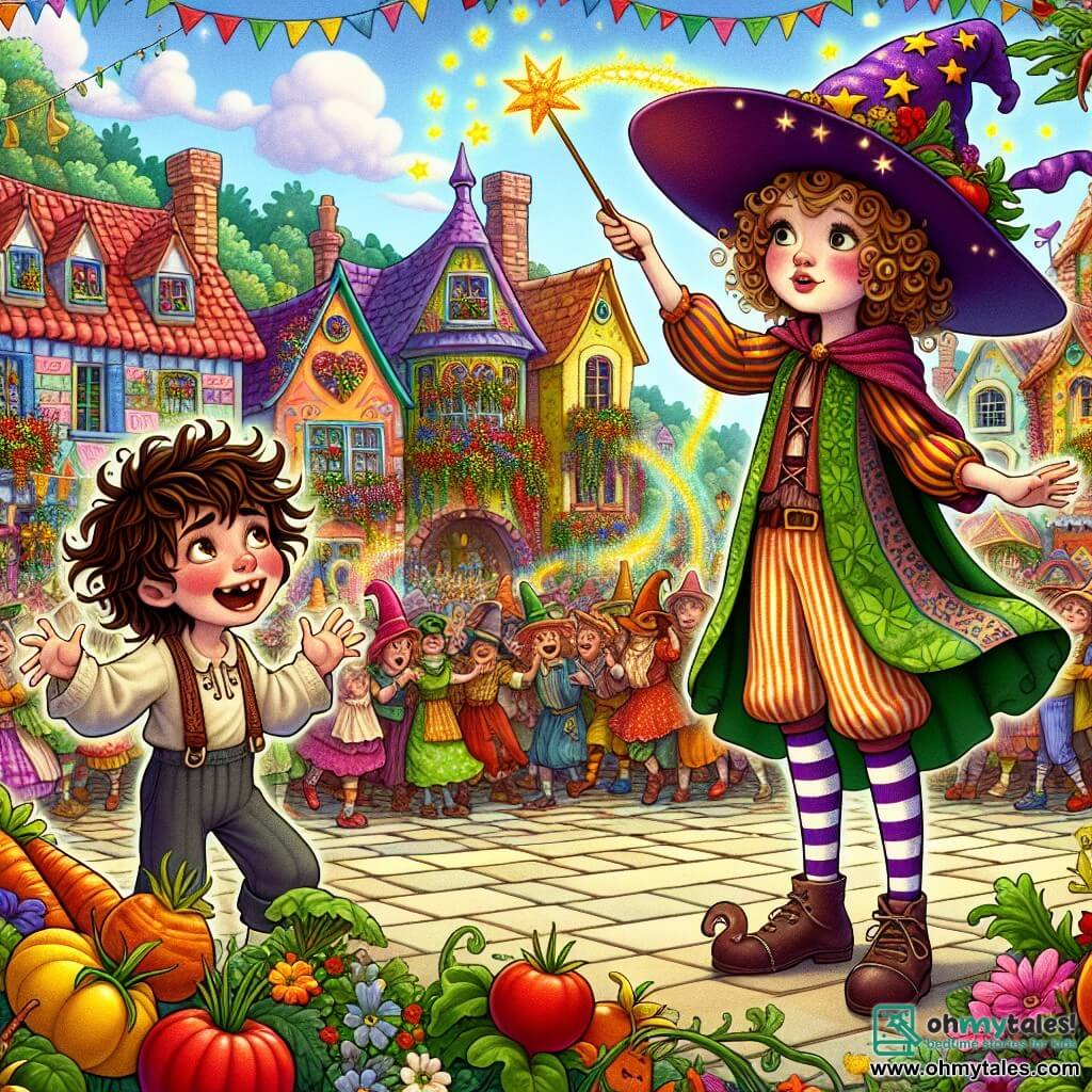 An illustration depicting a lively scene in a colorful village, Topsy-Turvy Hollow, where houses are painted in bright colors and gardens are filled with vibrant flowers. In the center stands a young apprentice witch, a girl with a large purple hat adorned with golden stars, curly hair, and mismatched socks, looking both anxious and determined while holding a wand that resembles a toothbrush. Next to her is a boy around ten years old, with messy hair and a mischievous smile, making funny gestures to entertain the crowd. He wears a colorful tunic and striped pants, appearing ready to make the villagers laugh. The scene features dancing vegetables, such as carrots doing the conga and tomatoes dancing the tango, while villagers of all ages laugh and applaud around them, creating a joyful and festive atmosphere. Magical sparks float in the air, adding a touch of enchantment to the scene.