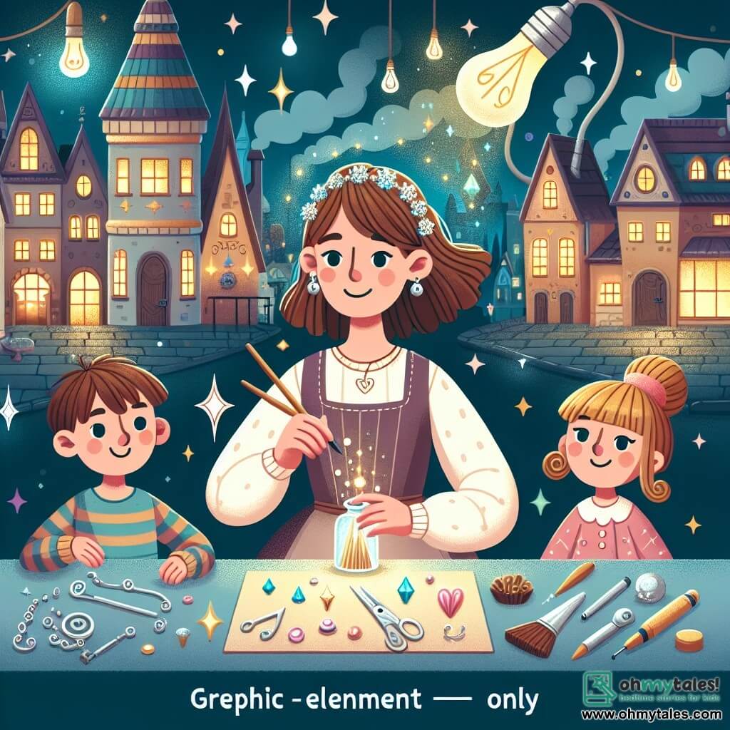 Une illustration destinée aux enfants représentant une jeune femme inventive travaillant dans son atelier magique avec l'aide de deux enfants curieux, entourée d'outils étincelants et de créations colorées, dans la charmante ville animée de Brightville.