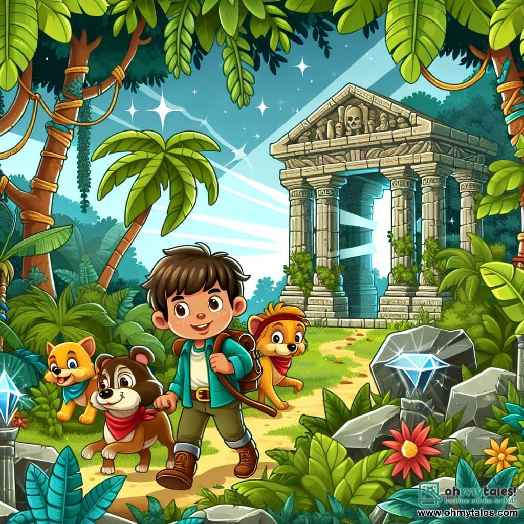Une illustration destinée aux enfants représentant un jeune garçon intrépide, accompagné de ses fidèles amis, se lançant dans une jungle luxuriante et mystérieuse, où des ruines anciennes cachent un trésor scintillant.
