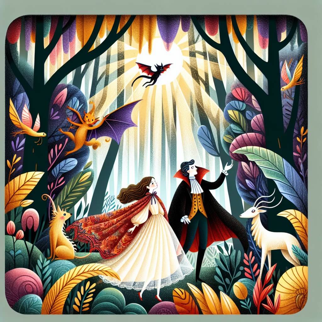 Une illustration destinée aux enfants représentant un vampire élégant avec une cape vaporeuse, accompagné d'une jeune exploratrice intrépide, découvrant un monde enchanté rempli de créatures magiques dans une forêt dense et mystérieuse, où les arbres semblent danser avec la lumière du soleil filtrant à travers les feuilles colorées.