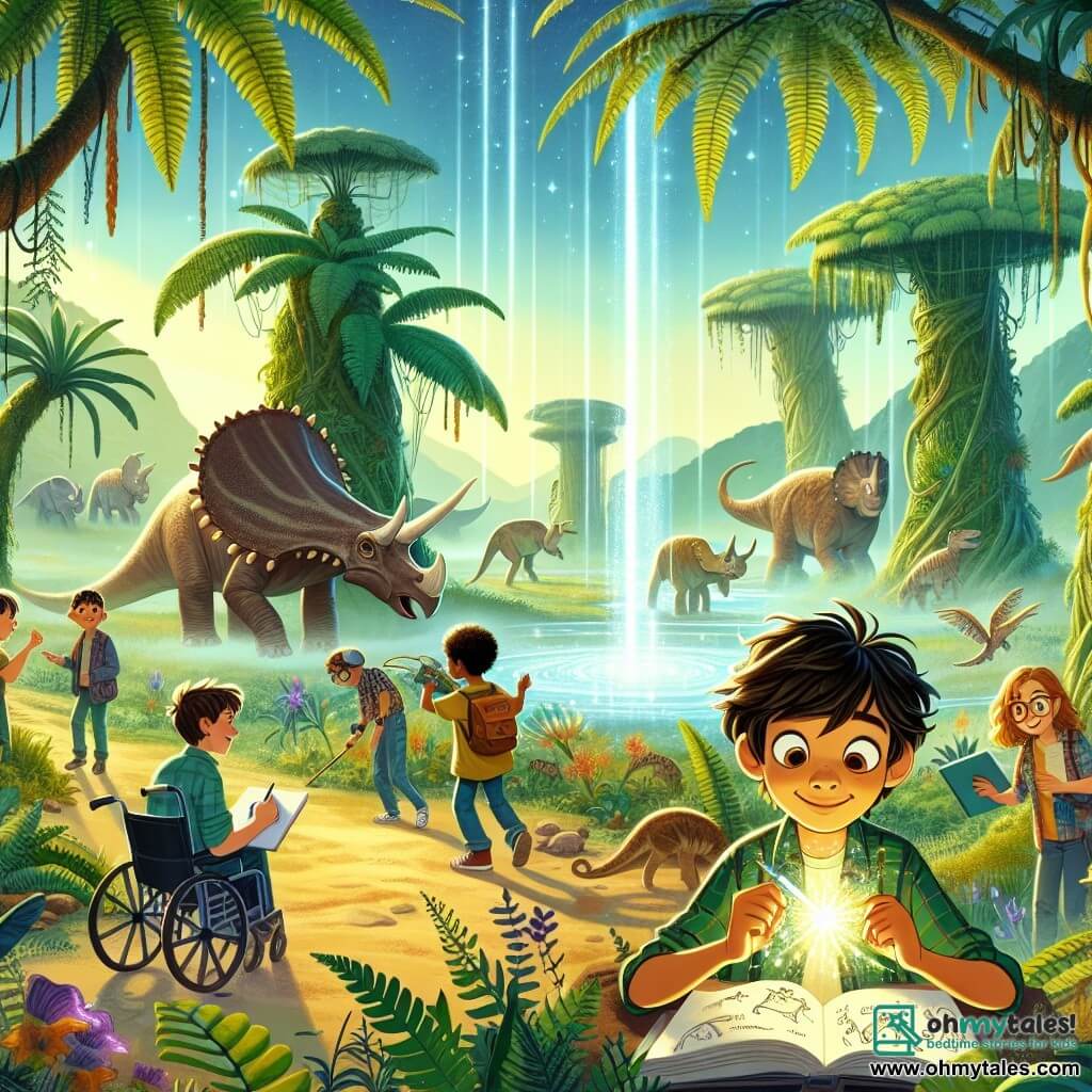 An illustration depicting a magical scene in a prehistoric clearing, surrounded by gigantic green ferns and strangely shaped plants. In the center, a sparkling waterfall pours its waters into a glowing pool, creating rainbows in the mist. A 10-year-old boy with messy brown hair and sparkling curious eyes holds a glowing orb in his hands, looking on in wonder. Next to him, a 9-year-old girl with long blonde hair wears glasses and quickly sketches in a notebook, captivated by the beauty of their surroundings. Another 10-year-old boy with a mischievous smile and short hair points at a herd of Triceratops peacefully grazing in the distance. In the background, an energetic 8-year-old girl leans in to admire the details of the plants, while an 11-year-old boy in a wheelchair observes everything with an admiring gaze, his hands resting on his knees. The scene exudes an atmosphere of adventure and discovery, with rays of sunlight filtering through the trees, illuminating the group of friends who stand there, awed by the time travel they have just experienced.