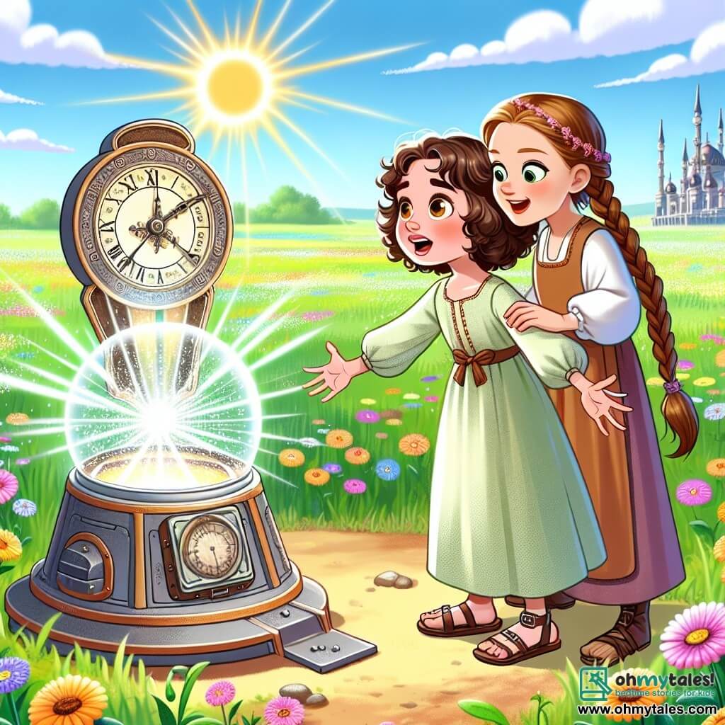 Une illustration sous forme de dessin destinée aux enfants représentant un vaste et ensoleillé champ verdoyant, parsemé de fleurs colorées, où une fille de 11 ans aux cheveux bruns et bouclés, vêtue d'une robe légère et d'une paire de sandales, se tient émerveillée devant une machine à voyager dans le temps scintillante, tandis qu'à ses côtés, une jeune fille aux cheveux tressés et au sourire malicieux, habillée d'une tunique médiévale, l'encourage avec enthousiasme à explorer ce monde fantastique, illustrant ainsi le moment magique où l'aventure du voyage dans le temps commence.
