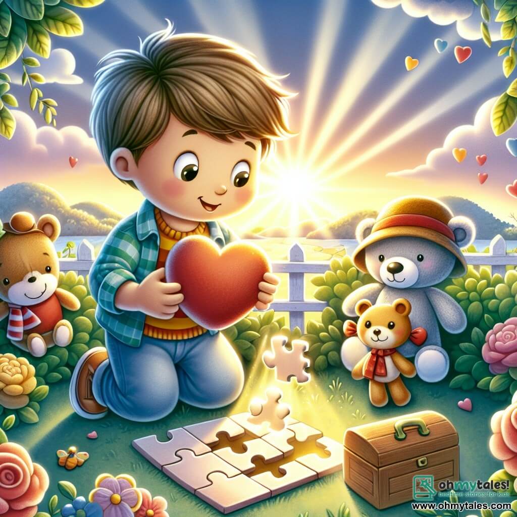 Une illustration destinée aux enfants représentant un garçon curieux partant à l'aventure avec ses amis en peluche pour résoudre des énigmes et trouver un trésor caché dans un jardin ensoleillé le jour de la Saint-Valentin.