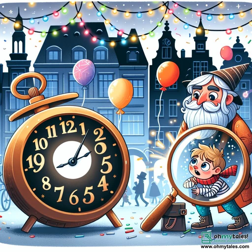 Une illustration destinée aux enfants représentant un garçon curieux et aventureux, découvrant un mystérieux compte à rebours lors de la fête du Nouvel An, avec un personnage secondaire, un vieil horloger sage, dans une place de la ville décorée de guirlandes scintillantes et de ballons colorés.