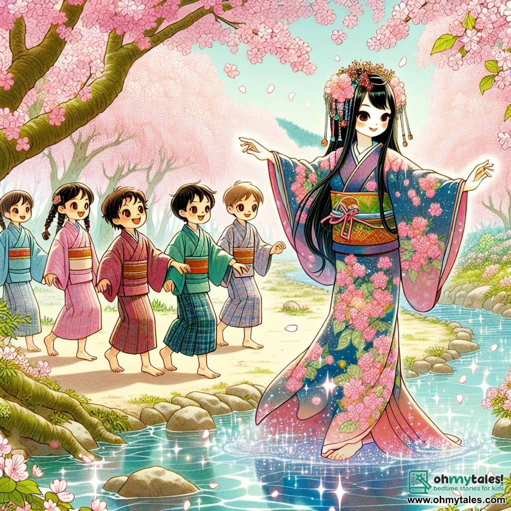 Une illustration sous forme de dessin destinée aux enfants représentant une clairière enchantée au Japon, ornée de cerisiers en fleurs aux pétales roses flottant dans l'air, où une jeune femme aux cheveux longs et noirs, vêtue d'un kimono coloré, danse joyeusement au bord d'une rivière scintillante, tandis qu'un groupe d'enfants, deux garçons aux yeux pétillants et une fille aux tresses, l'observe avec émerveillement, captivés par la magie de la nature et l'esprit bienveillant qui les entoure.