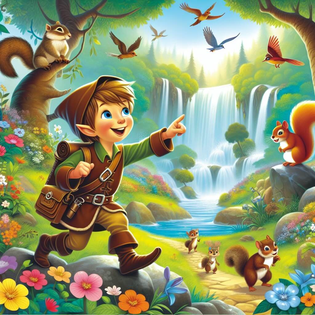 Une illustration destinée aux enfants représentant un lutin courageux et intrépide qui se lance dans une quête pour trouver un trésor caché, accompagné d'un espiègle écureuil, dans une forêt enchantée remplie de fleurs colorées, d'oiseaux chantant et de cascades étincelantes.