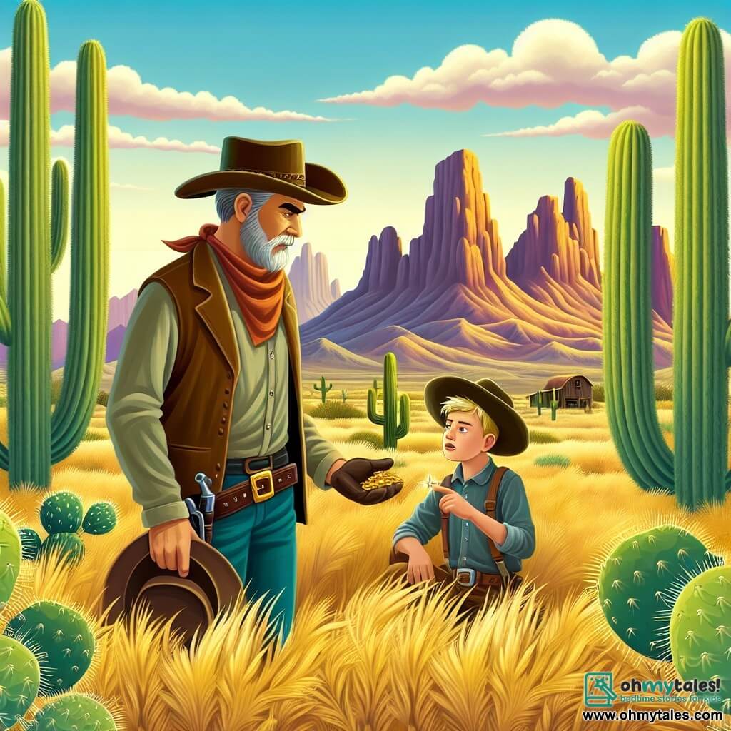Une illustration destinée aux enfants représentant un jeune cow-boy courageux, une rencontre inattendue avec un vieux chercheur d'or, dans les vastes plaines ensoleillées du Far West, avec des cactus géants et des montagnes majestueuses en arrière-plan.