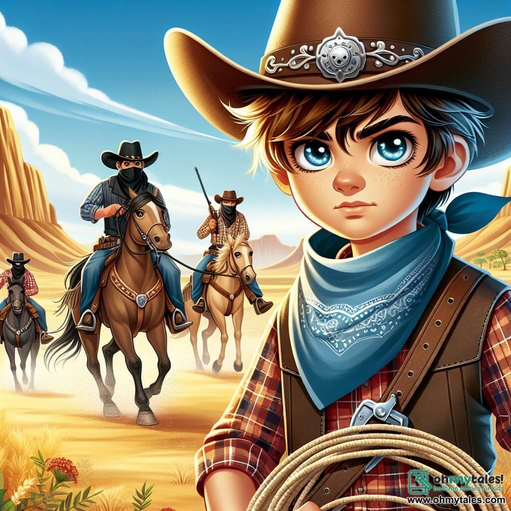 Une illustration sous forme de dessin destinée aux enfants représentant un vaste paysage du Far West avec des collines dorées sous un ciel bleu éclatant, au premier plan un jeune cowboy aux cheveux bruns en bataille et aux yeux pétillants, vêtu d'un chapeau de cowboy et d'une chemise à carreaux, tenant une lasso avec détermination, tandis qu'en arrière-plan, une courageuse cowgirl aux cheveux roux et à l'allure intrépide monte un cheval rapide, tous deux faisant face à un groupe de bandits masqués qui s'approchent de l'arène du rodeo, créant une atmosphère de tension et d'aventure.
