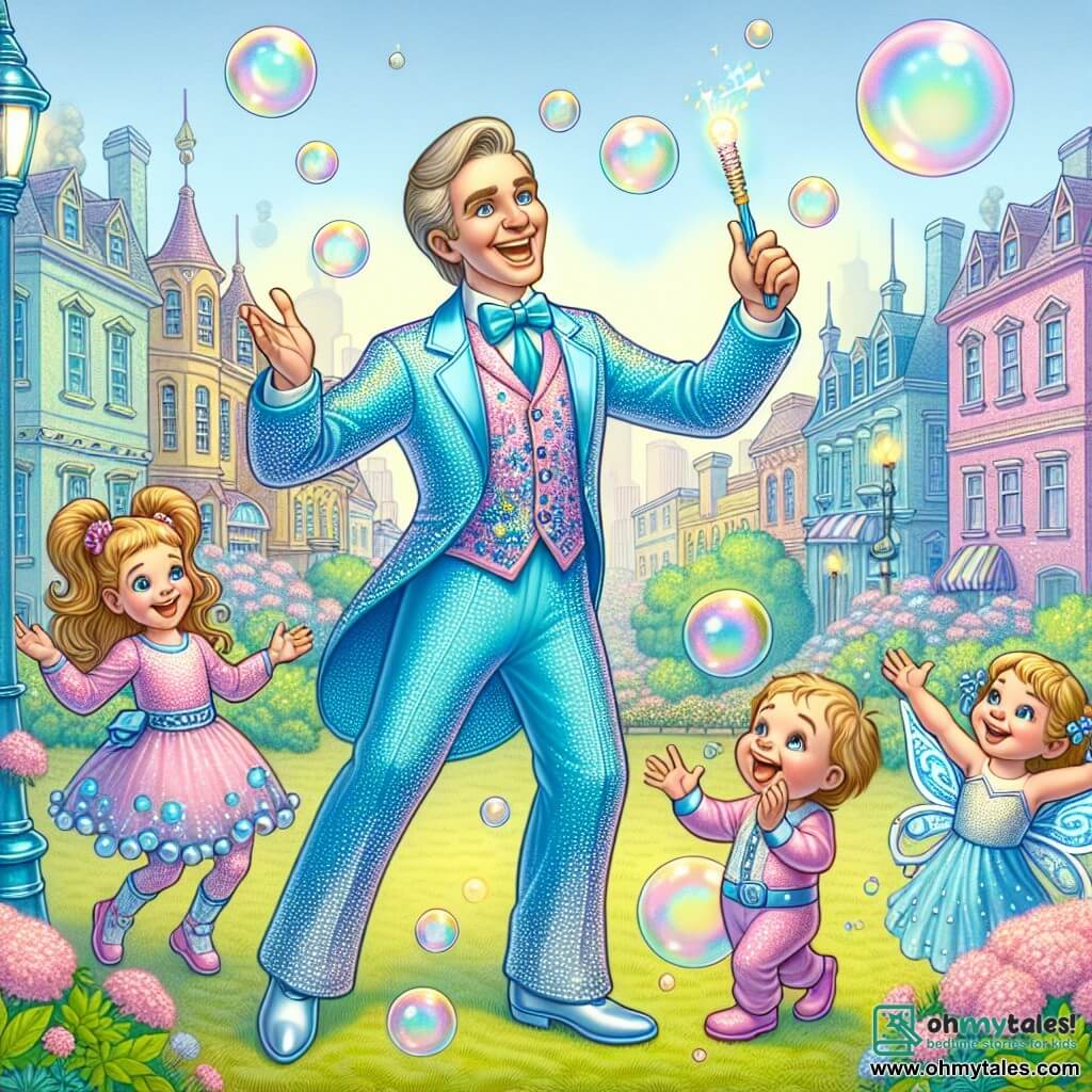 Une illustration sous forme de dessin destinée aux enfants représentant un parc coloré de la ville de Whimsyville, avec des maisons aux teintes pastel en arrière-plan, où un homme en costume scintillant de bleu et de rose, avec un sourire éclatant et des bulles flottantes autour de lui, exécute une danse de bulles joyeuse, tandis qu'une petite fille aux pigtails, émerveillée, applaudit et un petit être féérique aux ailes brillantes, enjoué, crée des sculptures de bulles à ses côtés, le tout dans une ambiance festive et pleine de rires, illustrant la magie de l'amitié et de l'imagination.