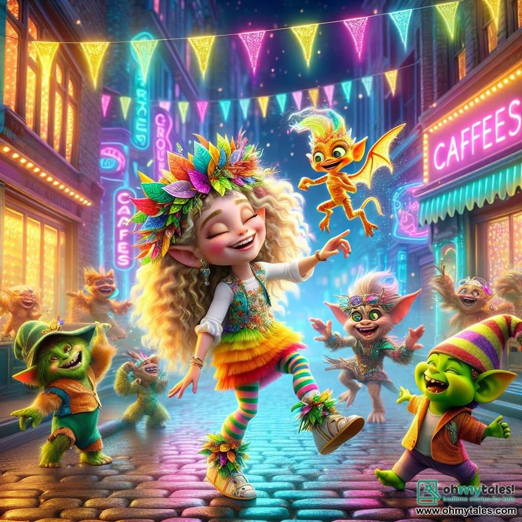 Une illustration sous forme de dessin destinée aux enfants représentant une rue animée de Glitterwood, avec des néons colorés scintillant au-dessus des cafés futuristes, où une fille de 7 ans aux cheveux bouclés et dorés, portant un chapeau en feuilles colorées, danse joyeusement avec un petit dragon scintillant aux écailles multicolores, tandis qu'un groupe de gremlins aux peaux vertes et aux vêtements dépareillés rit aux éclats, tous ensemble dans une ambiance de magie et de camaraderie, illustrant le moment où ils restaurent la joie et l'équilibre dans leur monde fantastique.