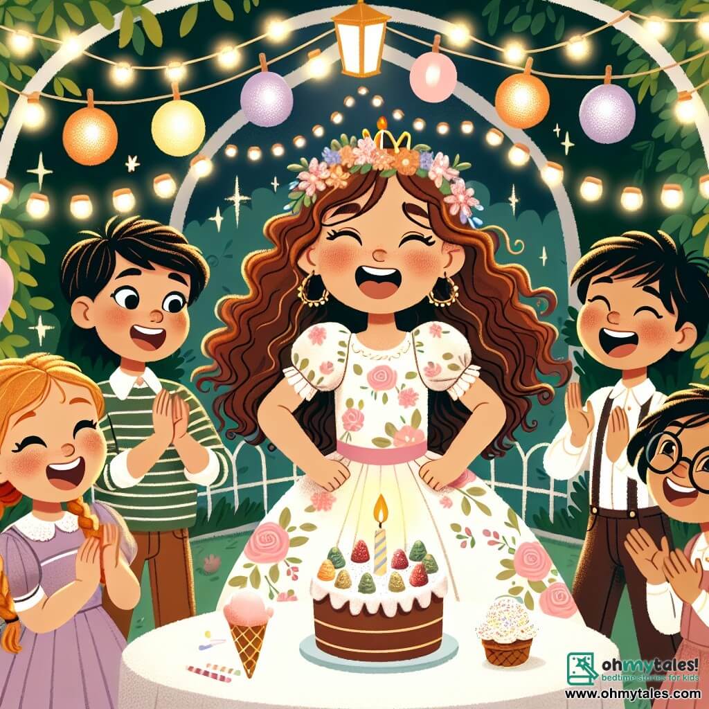 Une illustration sous forme de dessin destinée aux enfants représentant un jardin enchanté décoré de guirlandes lumineuses et de ballons colorés, où une fille de 11 ans aux cheveux bouclés et bruns, portant une robe à fleurs, souffle joyeusement sur une bougie posée sur un gâteau d'anniversaire décoré de sprinkles, entourée de son petit frère aux cheveux châtains et ronds, qui rit en tenant un cône de glace, tandis que leurs amis, une fille aux cheveux blonds en tresse et un garçon aux lunettes, applaudissent avec des sourires éclatants, créant une atmosphère festive et magique.