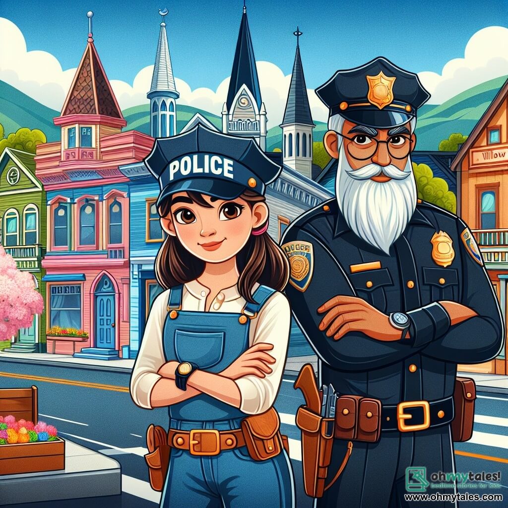 Une illustration destinée aux enfants représentant une jeune policière pleine de détermination, accompagnée d'un vétéran bienveillant, patrouillant dans les rues animées de Willow Creek, une ville aux maisons colorées et aux arbres fleuris.