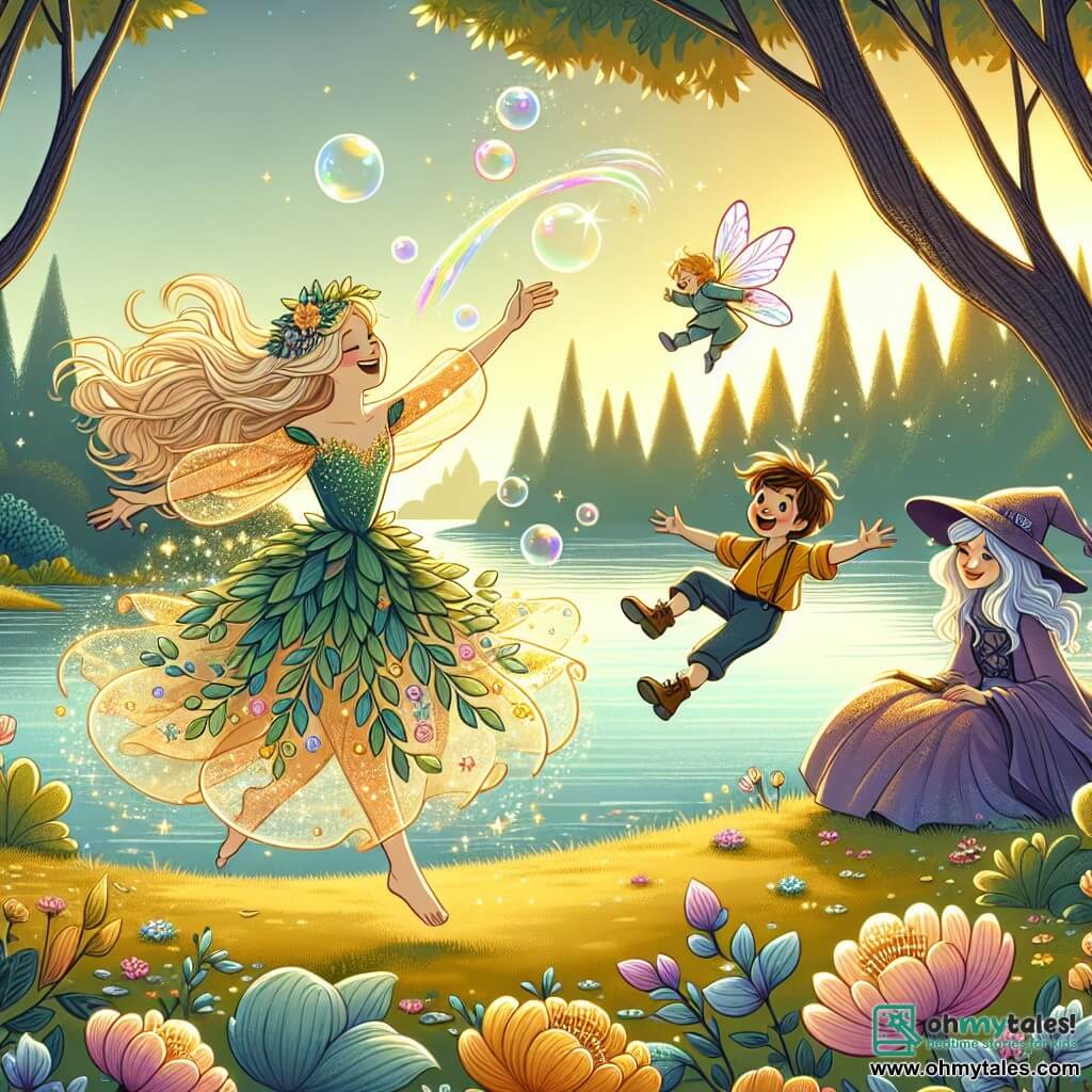 Une illustration sous forme de dessin destinée aux enfants représentant une scène magique au bord d'un lac cristallin entouré d'arbres aux feuilles scintillantes, où une princesse aux longs cheveux brillants et à la robe faite de feuilles dansantes s'amuse à sauter pour éclater des bulles colorées, accompagnée d'un petit garçon aux grandes oreilles de lapin et à la fourrure duveteuse qui rit en tombant dans un champ de fleurs, tandis qu'une gentille sorcière en robe violette et chapeau pointu les observe en souriant, le tout baigné dans une lumière dorée du coucher de soleil.