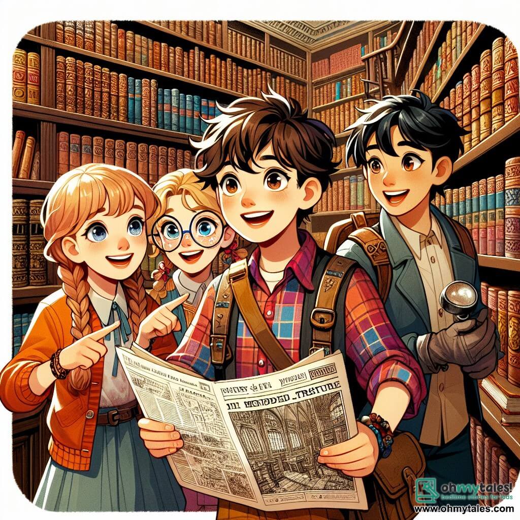 Une illustration sous forme de dessin destinée aux enfants représentant l'intérieur d'une vieille bibliothèque remplie de livres anciens aux couvertures colorées, avec un garçon de 11 ans aux cheveux bruns en désordre, portant une chemise à carreaux et tenant un vieux journal, entouré de trois amis : une fille aux cheveux tressés et aux lunettes, qui pointe un doigt vers une carte ancienne, un garçon aux cheveux blonds et aux yeux pétillants, qui tient une pelle miniature, et un autre garçon aux cheveux noirs, qui regarde avec émerveillement, alors qu'ils découvrent ensemble un trésor caché de l'histoire de leur ville.