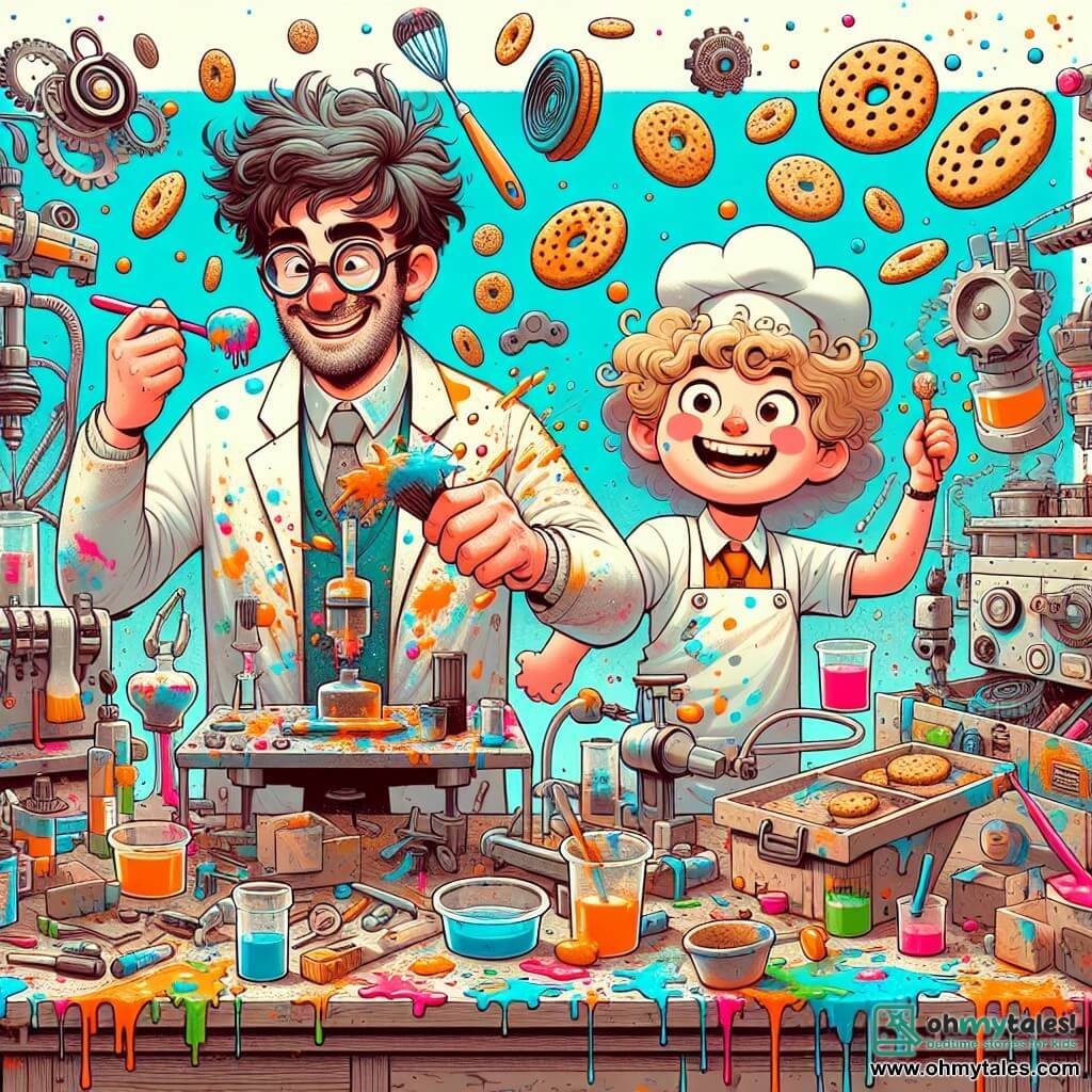 Une illustration sous forme de dessin destinée aux enfants représentant un atelier coloré et chaotique rempli de gadgets étranges et de pots de peinture éclaboussés, où un homme à la chevelure ébouriffée et aux lunettes rondes, vêtu d'une blouse de laboratoire, s'affaire joyeusement à construire une machine farfelue, tandis qu'une femme souriante aux cheveux bouclés et portant un tablier de pâtissière, l'aide en lançant des cookies dans les airs, créant une scène de joie et de rires au milieu d'une tempête de biscuits volants.