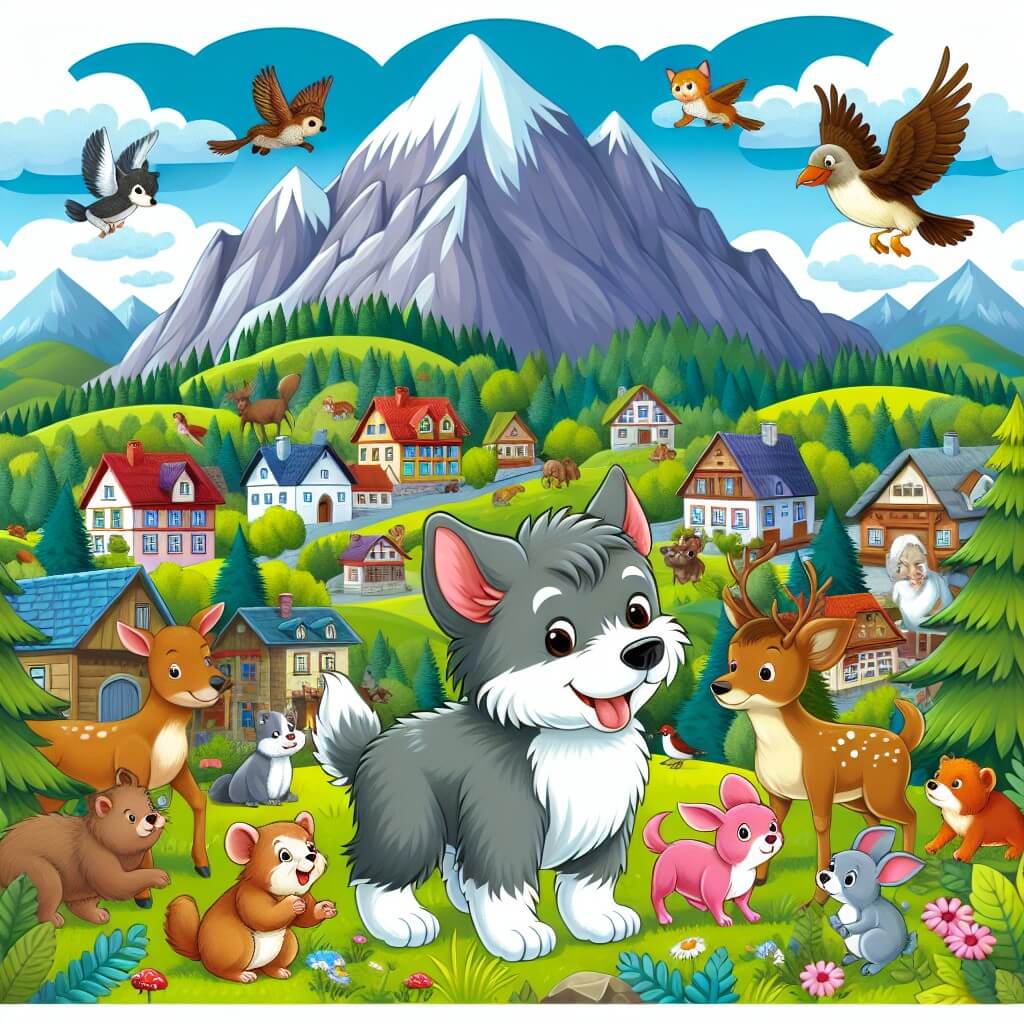 Une illustration destinée aux enfants représentant un petit chien intrépide, entouré d'animaux amis, explorant un village pittoresque niché au pied d'une montagne majestueuse.