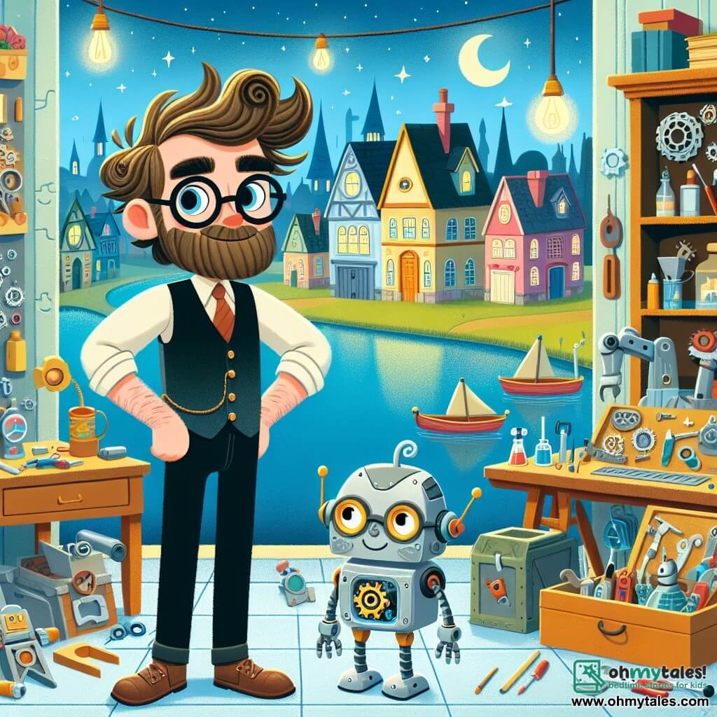Une illustration destinée aux enfants représentant un homme aux cheveux ébouriffés et aux lunettes épaisses, dans son atelier rempli d'outils et de gadgets, accompagné d'un petit robot rigolo, dans une petite ville appelée Brightsville, avec ses maisons colorées, ses rues sinueuses et son lac scintillant.
