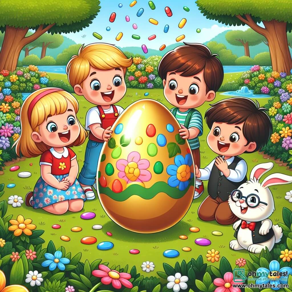 Une illustration sous forme de dessin destinée aux enfants représentant un parc verdoyant rempli de fleurs colorées, où un groupe de quatre enfants de 7 ans—deux garçons aux cheveux blonds et bruns, l'un en t-shirt rouge et l'autre en bleu, une fille aux cheveux châtains avec une robe à fleurs, et un garçon en fauteuil roulant avec un grand sourire—se tiennent autour d'un grand œuf doré scintillant, avec un lapin en veston et lunettes, qui les observe avec bienveillance, alors qu'ils s'apprêtent à ouvrir l'œuf magique, entourés de confettis et de bonbons colorés flottant dans l'air.