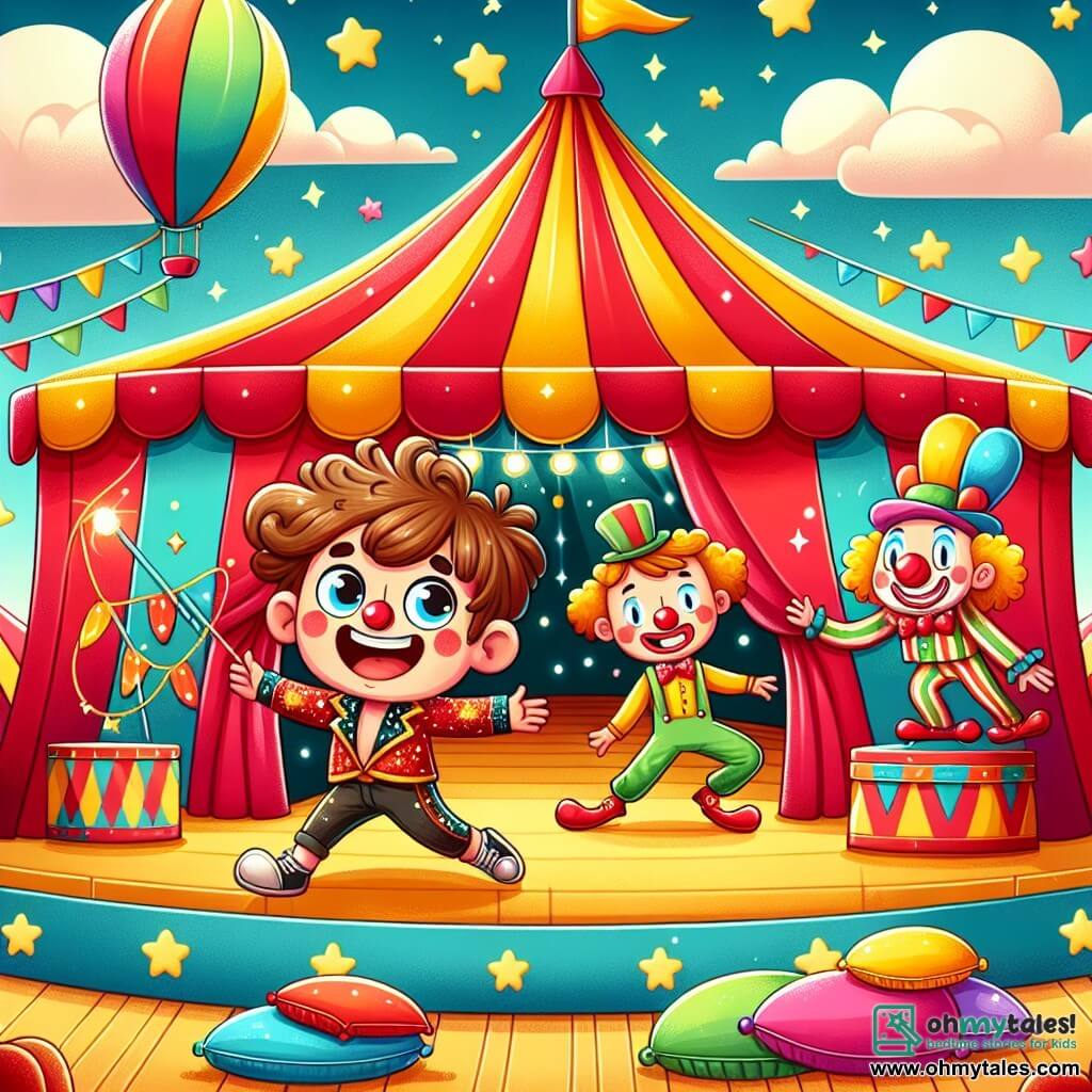 Une illustration sous forme de dessin destinée aux enfants représentant un grand chapiteau de cirque coloré, avec des rayures rouges et jaunes, où un garçon de 5 ans aux cheveux bruns et bouclés, portant une veste scintillante et un grand sourire, danse joyeusement sur une scène entourée de coussins colorés, tandis qu'une jeune acrobate aux cheveux longs et blonds effectue une pirouette à ses côtés, et un clown au nez rouge et aux grandes chaussures fait des grimaces pour faire rire le public, capturant l'esprit ludique et magique d'une journée au cirque.