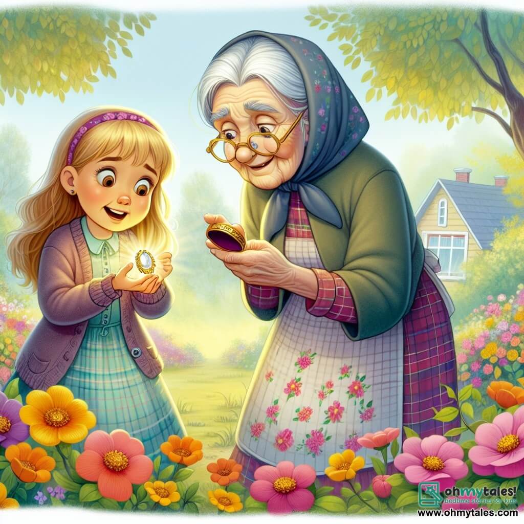 Une illustration destinée aux enfants représentant une jeune fille malicieuse enquêtant sur la disparition d'un bijou précieux avec l'aide d'une vieille dame aimante, dans un parc ensoleillé bordé de fleurs colorées et d'arbres majestueux à Willow Creek.
