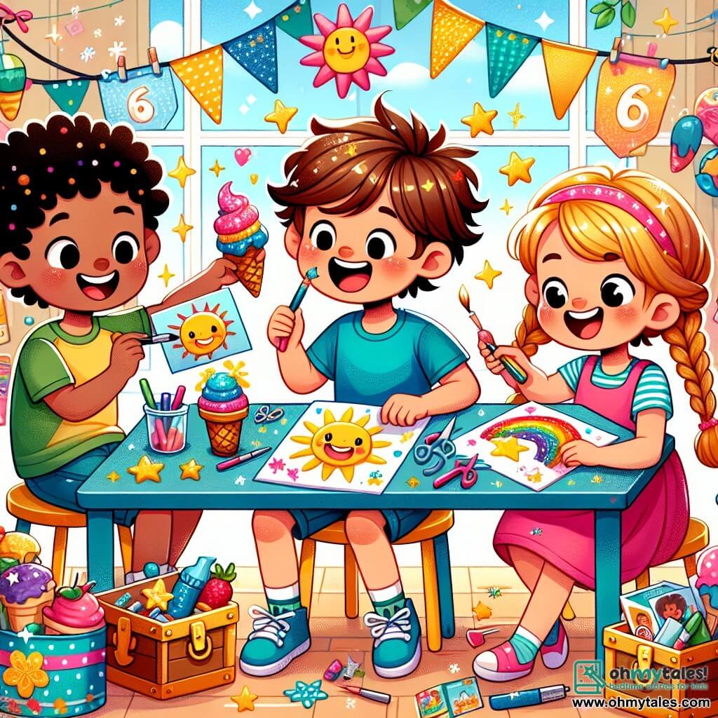 Une illustration sous forme de dessin destinée aux enfants représentant une salle de classe colorée, remplie de décorations joyeuses pour la fête des pères, où un garçon de 6 ans aux cheveux bruns et bouclés, portant un t-shirt bleu et un short jaune, est assis à une table, concentré sur la création d'une carte avec des dessins de soleil et de glace, tandis qu'à côté de lui, une fille aux cheveux blonds tressés, vêtue d'une robe rose, colle des étoiles scintillantes sur sa propre carte, et un autre garçon aux cheveux noirs, avec un t-shirt vert, montre fièrement un coffre à trésors décoré, tous partageant des sourires et une ambiance de camaraderie et de créativité.