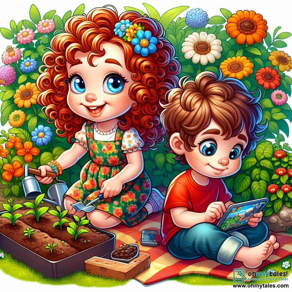 Une illustration sous forme de dessin destinée aux enfants représentant un jardin coloré et ensoleillé, où une fille de 7 ans aux cheveux auburn bouclés et aux yeux bleus, vêtue d'une robe à fleurs, plante des graines avec un sourire joyeux, tandis qu'un garçon de 8 ans aux cheveux bruns et en t-shirt rouge, assis sur une couverture, joue avec une tablette, captivé par un jeu vidéo, le tout illustrant l'équilibre entre le monde numérique et la beauté de la nature.