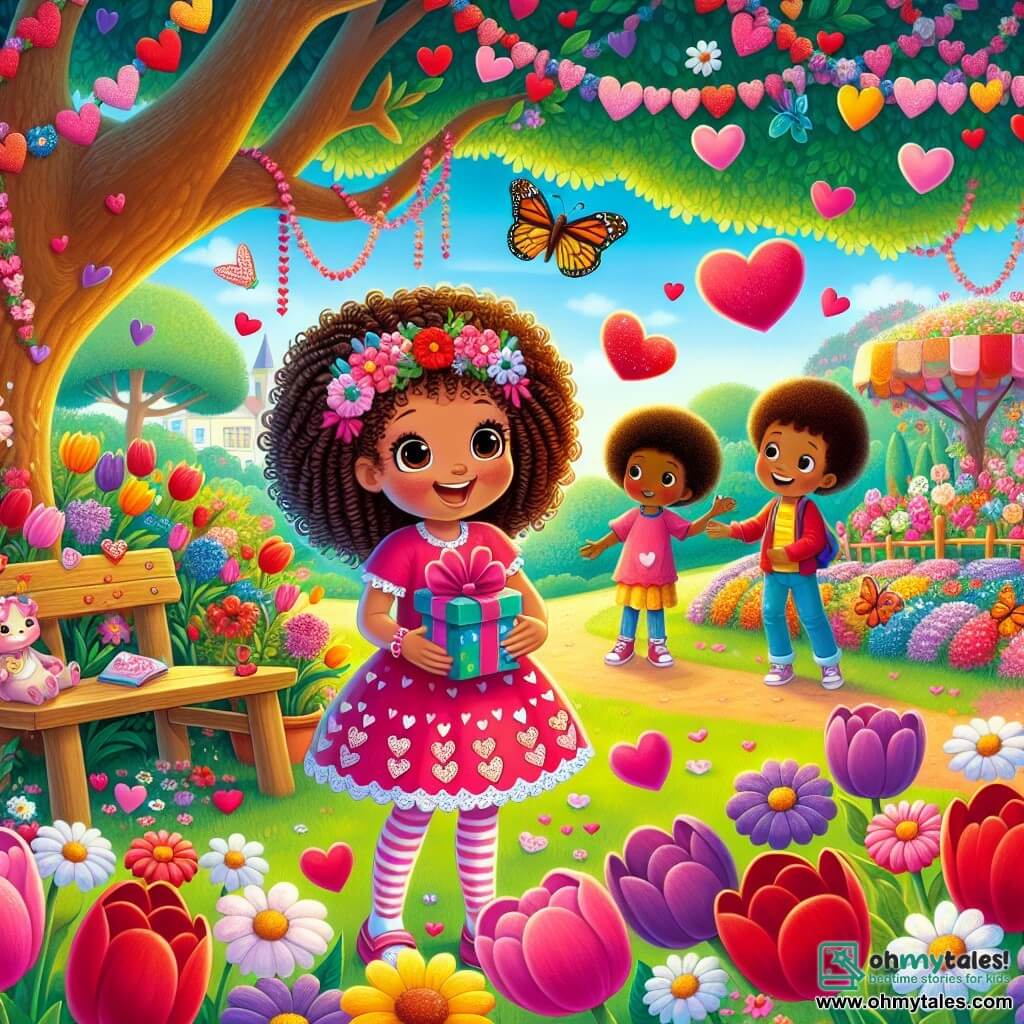 An illustration depicts a joyful scene in a colorful park during Valentine's Day. The park is filled with vibrant flowers, including red tulips, white daisies, and butterflies fluttering around. In the center, a large oak tree with extended branches provides shade, while a wooden bench is adorned with paper hearts. A 10-year-old girl with curly hair and a radiant smile wears a pink dress decorated with small red hearts, holding a colorful letter in her hands, her eyes sparkling with excitement. Next to her, another 10-year-old girl with braided hair holds a book, observing the scene with a curious look. An 11-year-old boy with brown hair and sparkling eyes approaches with a big smile, ready to receive the letter. The main situation shows the girl with the letter declaring her affection to the boy, while their friends surround them, clapping and smiling, creating an atmosphere of joy and friendship. Paper hearts float in the air, adding a magical touch to this celebration of love and friendship.