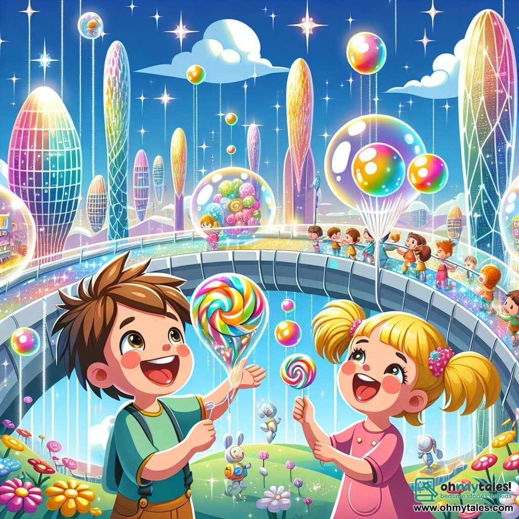 An illustration depicting a magical scene in the futuristic city of Wonderville. In the background, sparkling buildings with organic and colorful shapes rise towards a bright blue sky dotted with candy-shaped clouds. Glass bridges connect the structures, creating a fairy-tale landscape. In the foreground, a five-year-old boy with messy brown hair and a radiant smile floats joyfully in the air thanks to a large colorful balloon. Next to him, a five-year-old girl with blonde pigtails, dressed in a pink dress, laughs as she tries to catch multicolored bubbles escaping from a friendly dragon with shimmering scales. The scene captures the moment when friends discover the magic of Wonderville, surrounded by singing flowers and children playing in a vibrant garden. Robots with bright eyes assist the children, adding a playful touch of technology to the environment. The atmosphere is joyful and full of colors, symbolizing friendship and adventure.
