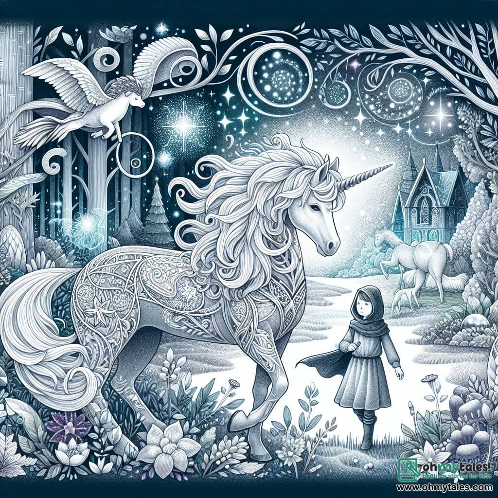Une illustration destinée aux enfants représentant une magnifique licorne au pelage argenté, se tenant majestueusement dans une clairière enchantée, accompagnée d'une petite fille courageuse, explorant un mystérieux et lumineux bois féerique peuplé de créatures fantastiques.