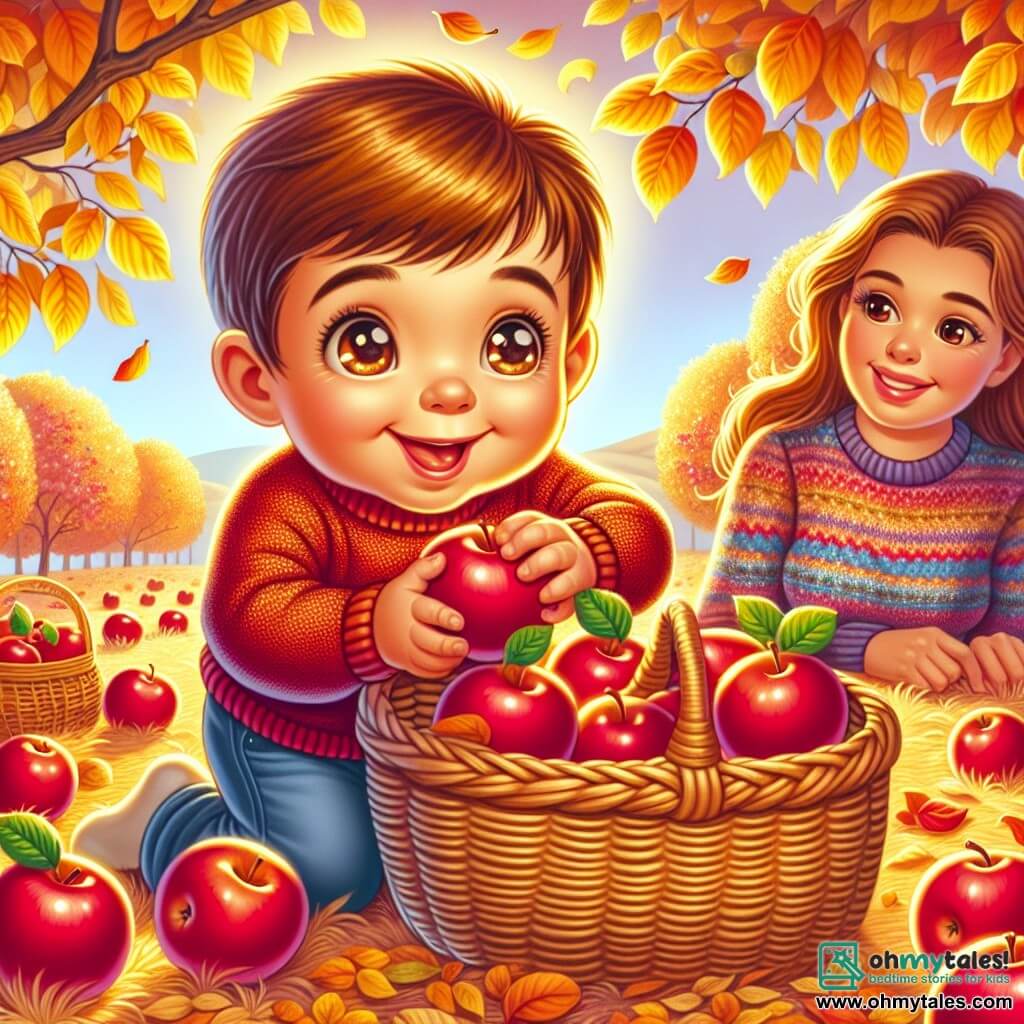 Une illustration sous forme de dessin destinée aux enfants représentant un verger d'automne avec des arbres aux feuilles dorées et des pommes rouges brillantes, où un petit garçon de 1 an aux cheveux châtains et aux yeux pétillants, souriant et joyeux, est en train de ramasser des pommes dans un petit panier en osier, tandis qu'une maman bienveillante aux cheveux longs et bruns, vêtue d'un pull coloré, l'observe avec un sourire tendre, le tout baigné par la lumière douce du soleil d'automne.