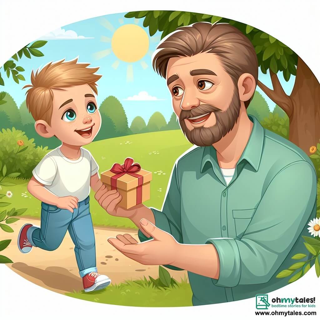 Une illustration destinée aux enfants représentant un jeune garçon joyeux et curieux, cherchant un cadeau spécial pour la fête des pères, accompagné de son père, un homme gentil et travailleur, dans un parc ensoleillé et verdoyant.