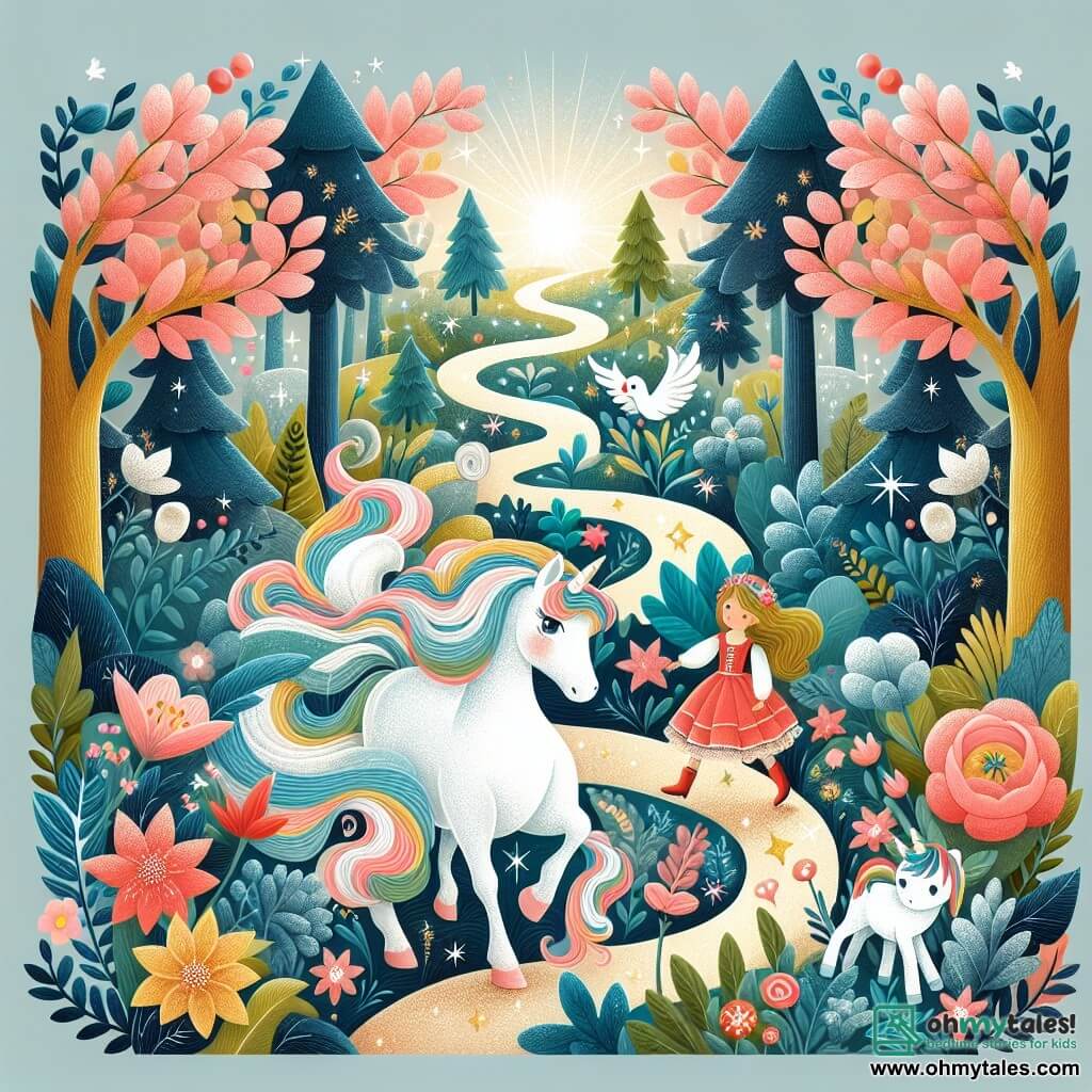 Une illustration destinée aux enfants représentant une magnifique licorne, égarée dans une forêt enchantée remplie de fleurs colorées et d'arbres scintillants, accompagnée d'une petite fille courageuse et d'un bébé licorne perdu, cherchant leur chemin à travers les sentiers magiques.