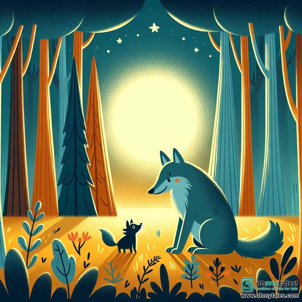 Une illustration destinée aux enfants représentant un loup au cœur tendre, croisant un petit animal perdu, dans une forêt enchantée où les arbres se dressent majestueusement, baignés par la lumière dorée du soleil couchant.