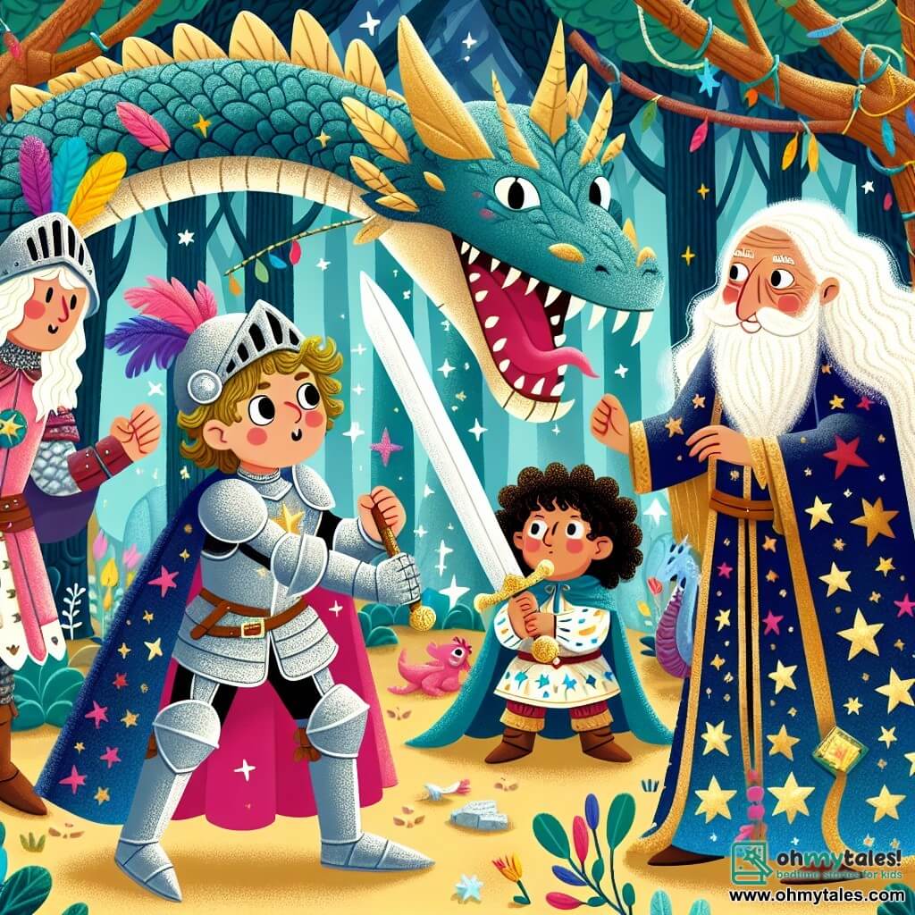 Une illustration sous forme de dessin destinée aux enfants représentant une scène magique dans une forêt enchantée, où un chevalier courageux en armure brillante, avec un casque orné de plumes colorées, se tient fermement avec son épée à la main, face à un dragon majestueux aux écailles scintillantes, tandis qu'un jeune écuyer aux cheveux bouclés et aux yeux pétillants observe avec émerveillement, et une sage dame aux longs cheveux flottants, vêtue d'une robe étoilée, les encourage avec un sourire bienveillant, alors qu'ils se préparent à résoudre une énigme pour découvrir un trésor magique caché.