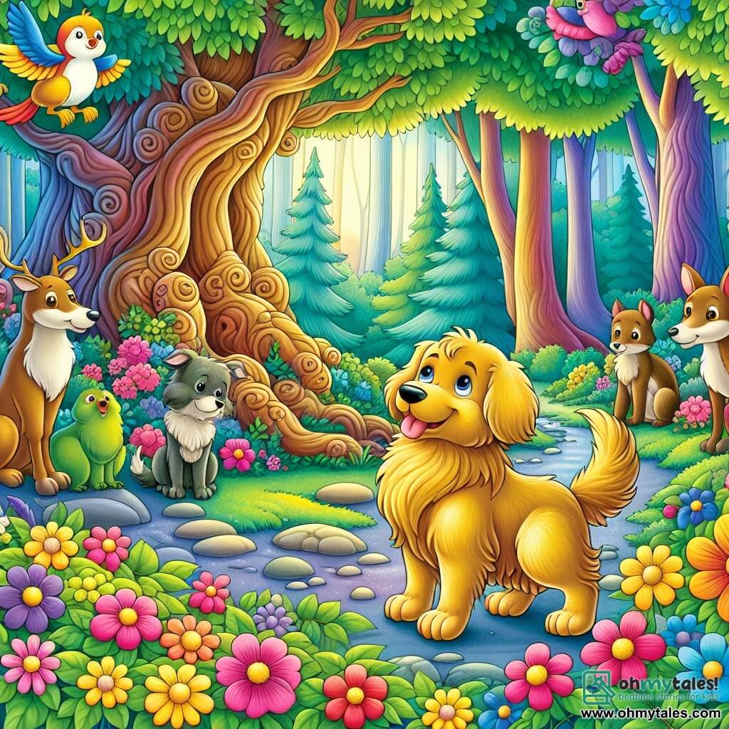 Une illustration destinée aux enfants représentant un chien au pelage doré, curieux et intrépide, se trouvant dans une forêt enchantée entouré d'animaux parlants, au milieu d'arbres anciens aux troncs majestueux et de fleurs éclatantes de toutes les couleurs.