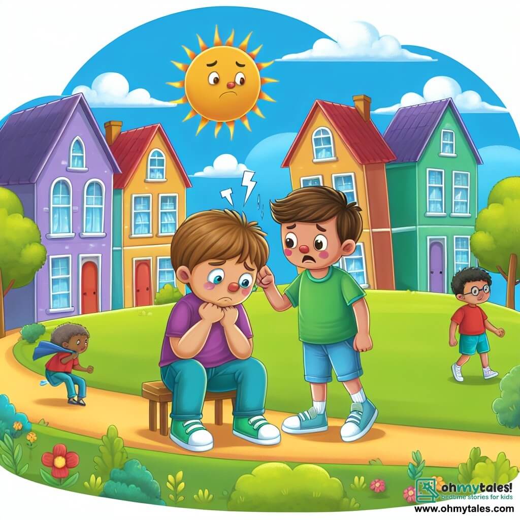 Une illustration destinée aux enfants représentant un jeune garçon solitaire, confronté à un intimidateur, avec l'aide d'un ami, dans une petite ville ensoleillée où les maisons colorées bordent un parc verdoyant et animé.