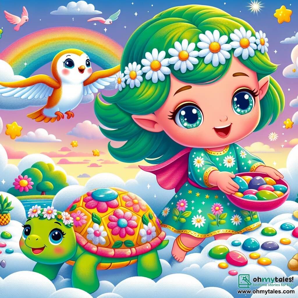 Une illustration sous forme de dessin destinée aux enfants représentant un royaume magique flottant dans le ciel, rempli de nuages moelleux et de couleurs vives, où un lutin aux cheveux verts scintillants et aux yeux bleus, vêtu d'une tunique de fleurs, sourit joyeusement en ramassant des pierres colorées pour aider une tortue gracieuse portant une couronne de marguerites, tandis qu'un oiseau joyeux aux plumes éclatantes vole autour d'eux, le tout illustrant l'esprit d'entraide et de gentillesse au cœur de leur quête pour trouver le précieux Gemme des Étoiles.