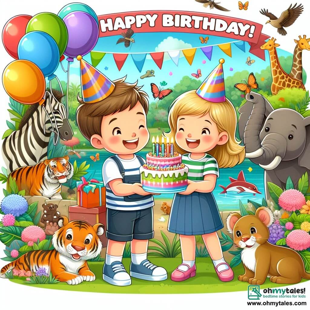 Une illustration destinée aux enfants représentant un garçon joyeux fêtant son anniversaire avec son amie, entourés de ballons colorés et d'animaux exotiques au zoo.