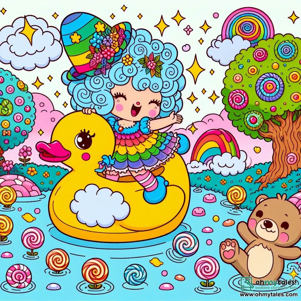 Une illustration sous forme de dessin destinée aux enfants représentant un paysage féerique dans le pays des Tiddlewinks, avec des arbres en bonbon et des nuages en guimauve, où une sorcière joyeuse aux cheveux bouclés et bleus, vêtue d'une robe colorée, danse sur un grand canard en caoutchouc, tandis qu'un ours souriant, autrefois grincheux, rit aux éclats en se tenant la panse, entourés de bulles scintillantes et de fleurs dansantes, illustrant un moment de pur bonheur et de magie lors d'un sort de danse ensorcelant.