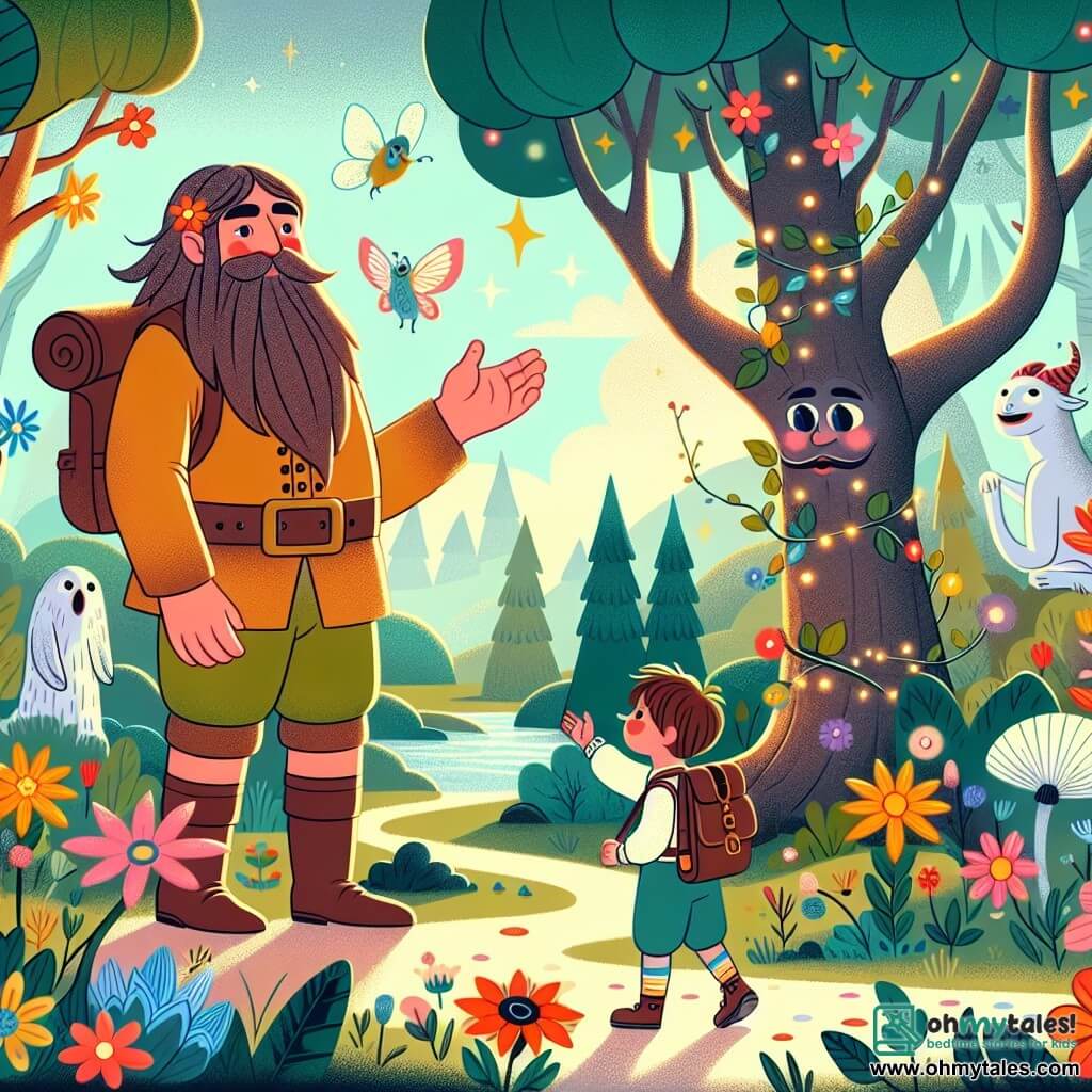 Une illustration destinée aux enfants représentant un géant bienveillant, accompagné d'un jeune explorateur, découvrant un monde enchanteur peuplé de créatures fantastiques, dans une forêt magique où les fleurs multicolores éclatent sous les rayons du soleil, tandis que les arbres murmurent des secrets entre eux.