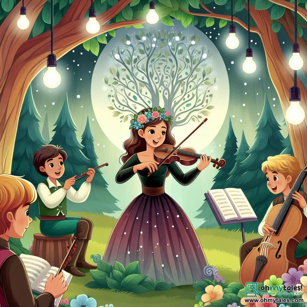 Une illustration destinée aux enfants représentant une jeune femme talentueuse et passionnée de musique, accompagnée de ses amis, jouant de la musique en plein cœur d'une forêt enchantée, où les arbres dansent au rythme de leurs mélodies.