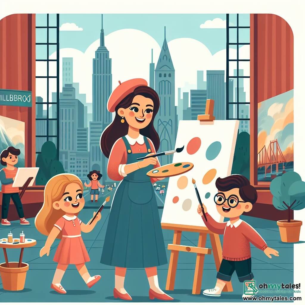 Une illustration destinée aux enfants représentant une artiste femme talentueuse peignant dans un studio coloré, accompagnée de deux enfants curieux, une fille et un garçon, dans la ville animée de Willowbrook.