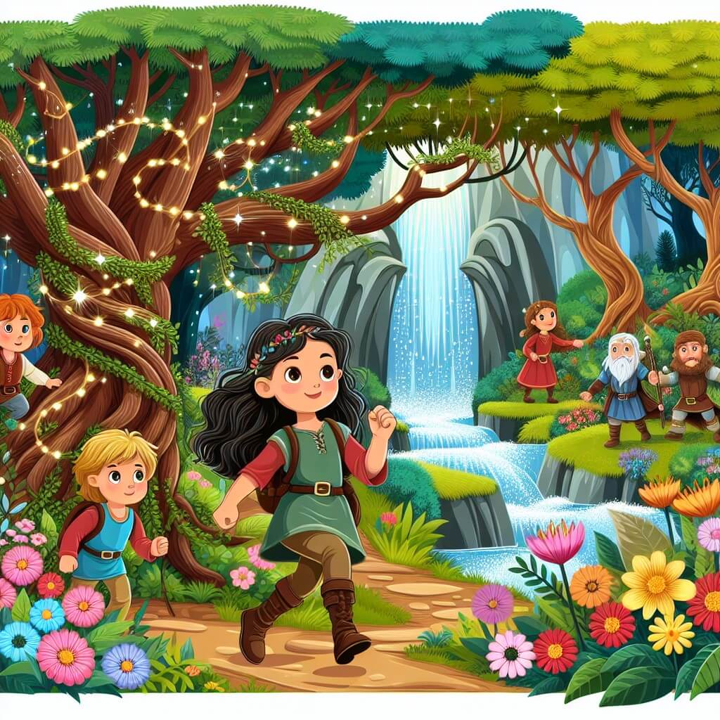 Une illustration destinée aux enfants représentant une jeune fille intrépide, accompagnée de ses amis, explorant une forêt enchantée remplie d'arbres majestueux aux branches entrelacées, des fleurs colorées égayant le chemin, et une cascade scintillante dissimulant une grotte mystérieuse.